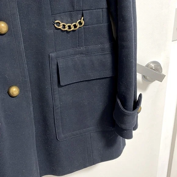 Ann Taylor Navy Lined Heavy Cotton / Canvas Coat with Gold Chain Accents - Picture 2 of 6